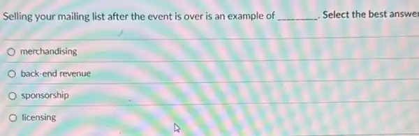 Selling your mailing list after the event is over is an example of __ Select the best answe
merchandising
back-end revenue
sponsorship
licensing