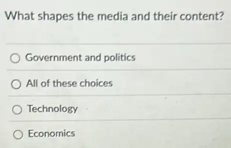 What shapes the media and their content?
Government and politics
All of these choices
Technology
Economics