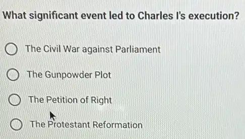 What significant event led to Charles I's execution?
The Civil War against Parliament
The Gunpowder Plot
The Petition of Right
The Protestant Reformation