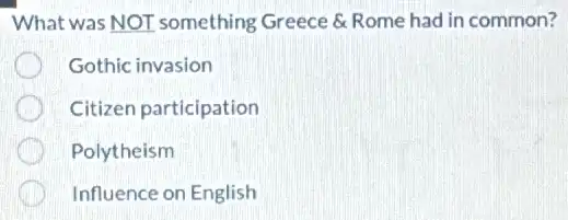 .
What was NOT something Greece & Rome had in common?
Gothic invasion
Citizen participation
Polytheism
Influence on English