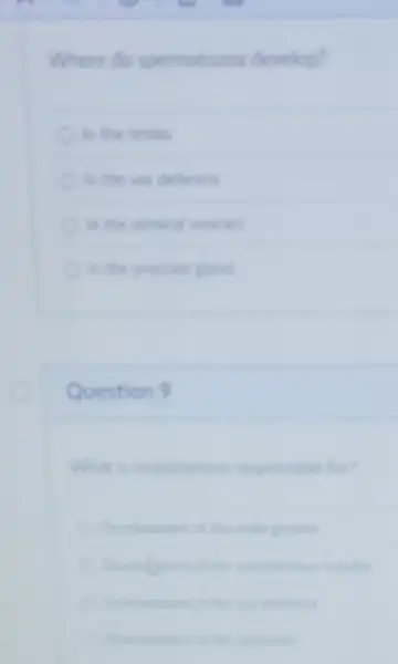 Where do spermatozoa develop?
In the testes
in the was deferens
in the prostate gland
Question 9
What is testosterone responsible for?
goods
uninterous tubules
Development of the wa deferent