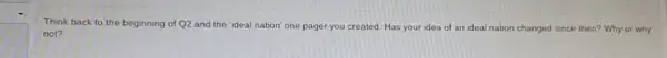 square 
Think back to the beginning of Q2 and the
"ideal nation' one pager you created. Has your idea of an ideal nation changed since then? Why or why
not?
square