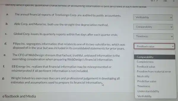 square  v
square  v
Identiry which specinc qualitative characteristic or accounting information is best described in each Item pelow.
a. The annual financial reports of Treelivingo Corp are audited by public accountants.
b.
Able Corp. and Mona Inc. both use the straight-line depreciation method.
c.Global Corp. issues its quarterly reports within five days after each quarter ends.
d. Filipo Inc . segregates information that relates to one of its two subsidiaries which was
disposed of in the year but was included in its consolidated statements for prior years.
e. The CFO of WebDesign stresses that factual, truthful , unbiased information is the
overriding consideration when preparing WebDesign's financial information.
f. EB Energy Inc.realizes that financial information may be misrepresented or
misinterpreted if all pertinent information is not included.
g. Wright Industries exercises due care and professional judgement in developing all
estimates and assumptions used to prepare its financial information
square  v
square 
square 
Comparability
Completeness
Feedback value
Freedom from material error
Neutrality
Predictive value
Timeliness
Understandability
eTextbook and Media