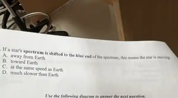 If a star's spectrum is shifted to the blue end of the spectrum, this means the star is moving
A. away from Earth
B. toward Earth
C. at the same speed as Earth
D. much slower than Earth
Use the following diagram to answer the next question.