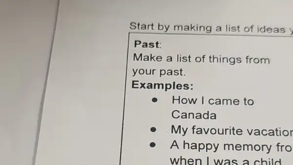 Start by making a list of ideas
Past:
Make a list of things from
your past.
Examples:
How I came to
Canada
My favourite vacatior
A happy memory fro
when I was a child