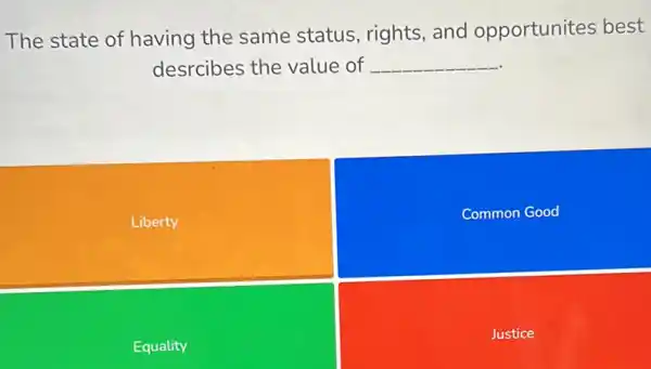 The state of having the same status, rights, and opportunites best
desrcibes the value of __
Liberty
Common Good
Equality
Justice