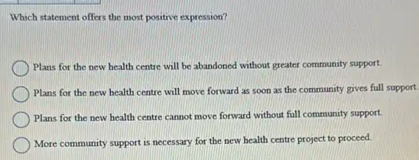 Which statement offers the most positive expression?
Plans for the new health centre will be abandoned without greater community support.
Plans for the new health centre will move forward as soon as the community gives full support.
Plans for the new health centre cannot move forward without full community support.
More community support is necessary for the new health centre project to proceed.