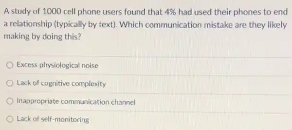 A study of 1000 cell phone users found that 4%  had used their phones to end
a relationship (typically by text). Which communication mistake are they likely
making by doing this?
Excess physiological noise
Lack of cognitive complexity
Inappropriate communication channel
Lack of self-monitoring