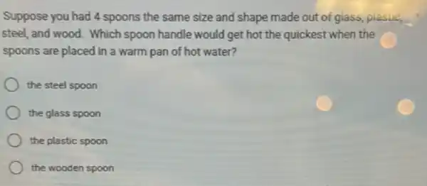 Suppose you had 4 spoons the same size and shape made out of glass, plastic,
steel, and wood. Which spoon handle would get hot the quickest when the
spoons are placed in a warm pan of hot water?
the steel spoon
the glass spoon
the plastic spoon
the wooden spoon