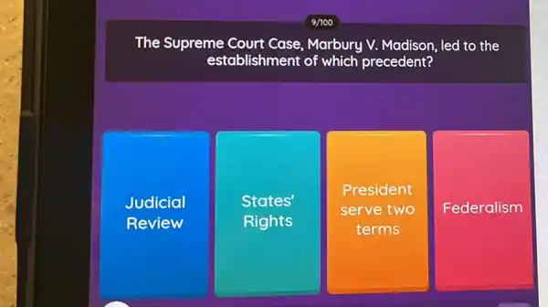 The Supreme Court Case, Marbury V.Madison, led to the
establishment of which precedent?
Judicial
Review
States'
Rights
President
serve two
terms
Federalism