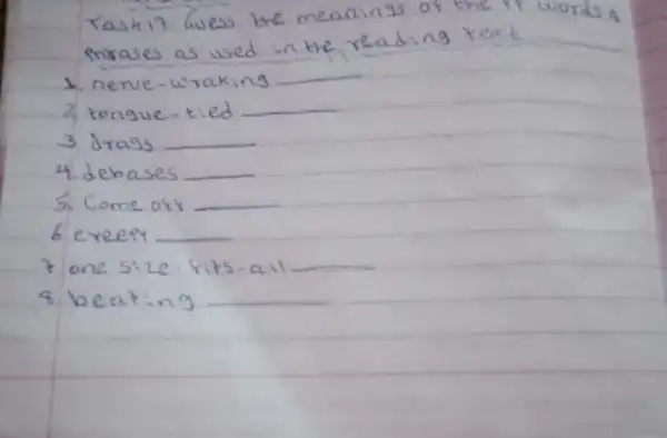 Taski7 Guess the meanings of the if words a mrases as used in the reading text
1. nerve-wraking
2 tongue-tied
3 drags
4. debases
5. Come oss
6 creepy
7 one size - fits-all
8 beating