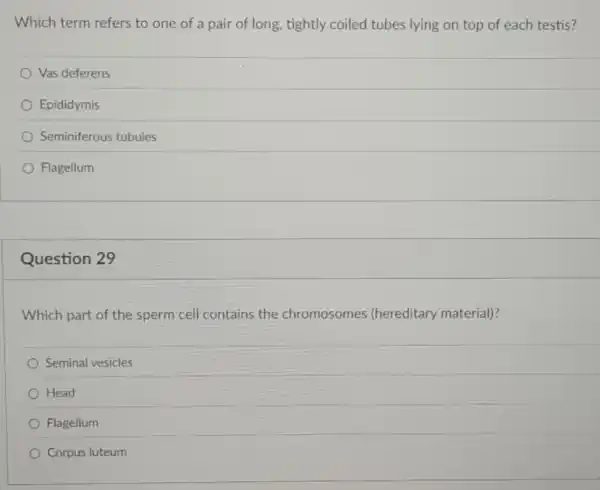 Which term refers to one of a pair of long, tightly coiled tubes lying on top of each testis?
Vas deferens
Epididymis
Seminiferous tubules
Flagellum
Question 29
Which part of the sperm cell contains the chromosomes (hereditary material)?
Seminal vesicles
Head
Flagellum
Corpus luteum