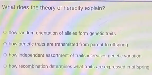 What does the theory of heredity explain?
how random orientation of alleles form genetic traits
how genetic traits are transmitted from parent to offspring
how independent assortment of traits increases genetic variation
how recombination determines what traits are expressed in offspring