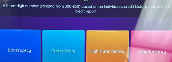 A three-digit number (ranging from 300-850) based on an individual's credit history detailed in a
credit report
Bankruptcy
Credit Score
High Rate Method
Credit History