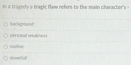 In a tragedy a tragic flaw refers to the main character's -
background
personal weakness
motive
downfall