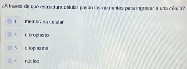 ¿A través de qué estructura celular pasar los nutrientes para ingresar a una célula?
1.
membrana celular
D 2.
cloroplasto
3
citoplasma
4.
núcleo