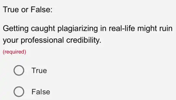 True or False:
Getting caught plagiarizing in real-life might ruin
your professional credibility.
(required)
True
False