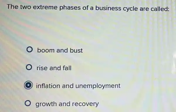 The two extreme phases of a business cycle are called:
boom and bust
rise and fall
inflation and unemployment
growth and recovery