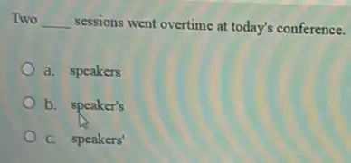 Two __ sessions went overtime at today's conference.
a. speakers
b. speaker's
C. speakers'