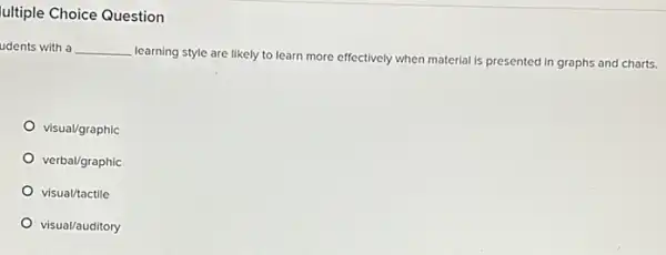 ultiple Choice Question
udents with a __
learning style are likely to learn more effectively when material is presented in graphs and charts.
visual/graphic
verbal/graphic
visual/tactile
visual/auditory