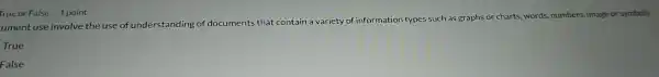 ument use involve the use of unde erstanding of dc cuments that contai na variety of informatic n types suc
True
False
True or False 1 point