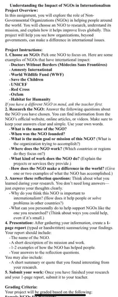 Understanding the Impact of NGOs in Internationalism
Project Overview:
In this assignment, you will explore the role of Non-
Governmental Organizations (NGOs) in helping people around
the world. You will choose an NGO to research, understand its
mission, and explain how it helps improve lives globally. This
project will help you see how organizations, beyond
governments, can make a difference in international issues.
Project Instructions:
1. Choose an NGO:Pick one NGO to focus on. Here are some
examples of NGOs that have international impact:
-Doctors Without Borders (Médecins Sans Frontières)
-Amnesty International
-World Wildlife Fund (WWF)
. Save the Children
. UNICEF
- Red Cross
-Oxfam
. Habitat for Humanity
If you have a different NGO in mind, ask the teacher first.
2. Research the NGO: Answer the following questions about
the NGO you have chosen. You can find information from the
NGO's official website, online articles, or videos. Make sure to
keep your answers clear and simple. Use your own words.
. What is the name of the NGO?
-When was the NGO founded?
-What is the main goal or mission of this NGO? (What is
the organization trying to accomplish?)
-Where does the NGO work? (Which countries or regions
do they focus on?)
-What kind of work does the NGO do?(Explain the
projects or services they provide.)
-How does the NGO make a difference in the world? (Give
one or two examples of what the NGO has accomplished.)
3. Answer these reflection questions: Think about what you
learned during your research . You don't need long answers __
just express your thoughts clearly.
- Why do you think this NGO is important to
internationalism? (How does it help people or solve
problems in other countries?)
-What can you personally do to help support NGOs like the
one you researched? (Think about ways you could help,
even if it's small.)
4. Presentation: After gathering your information, create a 1-
page report (typed or handwritten) summarizing your findings.
Your report should include:
- The name of the NGO.
- A short description of its mission and work.
. 1-2 examples of how the NGO has helped people.
- Your answers to the reflection questions.
You may also include:
- A short summary or quote that you found interesting from
your research.
5. Submit your work:Once you have finished your research
and your 1-page report,submit it to your teacher.
Grading Criteria:
Your project will be graded based on the following:
Sample NCOc t