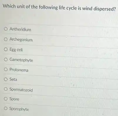 Which unit of the following life cycle is wind dispersed?
Antheridium
Archegonium
Egg cell
Gametophyte
Protonema
Seta
Spermatozoid
Spore
Sporophyte