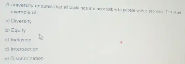 A university ensures that all buildings are accessible to people with disabilities. This is an
example of:
a) Diversity
b) Equity
c) Inclusion
d) Intersection
e) Discrimination