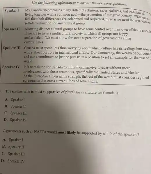 Use the following information to answer the next three questions.
5. The speaker who is most supportive of pluralism as a future for Canada is
A. Speaker I
B. Speaker II
C. Speaker III
D. Speaker IV
Agreements such as NAFTA would most likely be supported by which of the speakers?
A. Speaker I
B. Speaker II
C. Speaker III