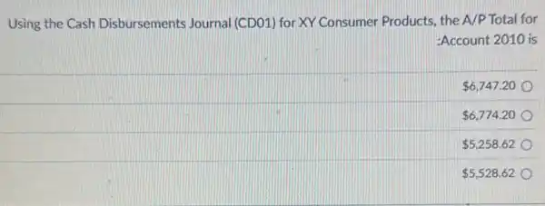 Using the Cash Disbursements Journal (CDO1) for XY Consumer Products, the A/P Total for
:Account 2010 is
 6,747.20
 6,774.20
 5,258.62
 5,528.62