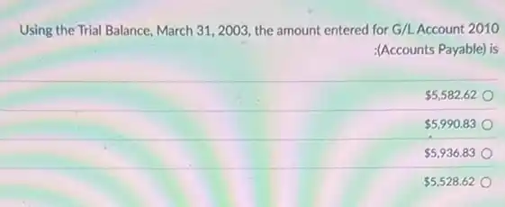 Using the Trial Balance March 31, 2003, the amount entered for G/L Account 2010
(Accounts Payable) is
 5,582.62
 5,990.83
 5,936.83
 5,528.62