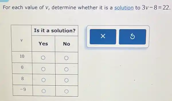 For each value of v , determine whether it is a solution to 3 v-8=2 

 multirow(2)(}{ v ) & multicolumn(2)(|c|)( Is it a solution? ) 
cline ( 2 - 3 ) & Yes & No 
 10 & & 
 0 & & 
 8 & & 
-9 & &