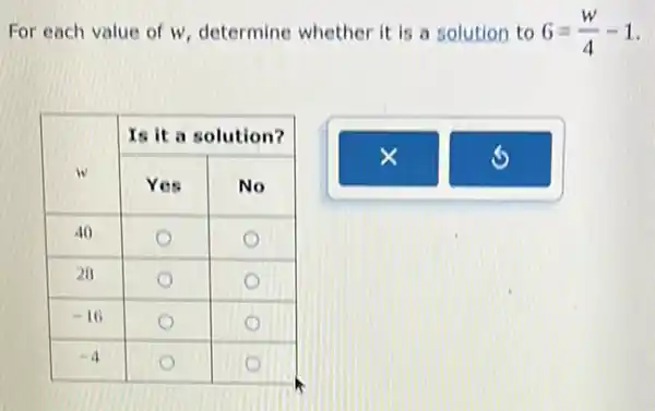 For each value of w , determine whether it is a solution to 6=(w)/(4)-1 .

 multirow(2)(*)( w ) & multicolumn(2)(|c|)( Is it a solution? ) 
cline ( 2 - 3 ) & Yes & No 
 40 & & 
 28 & & 
-16 & & 
-4 & &