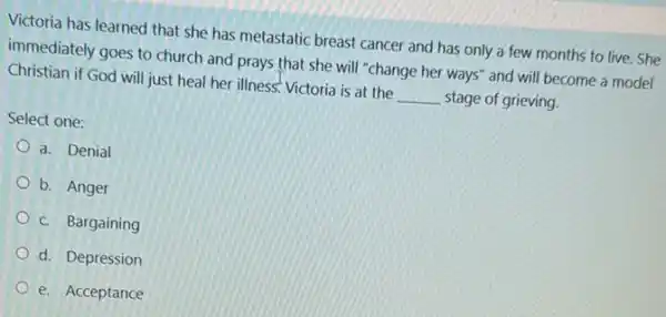 Victoria has learned that she has metastatic breast cancer and has only a few months to live.She
immediately goes to church and prays that she will "change her ways"and will become a model
Christian if God will just heal her illness Victoria is at the __ stage of grieving
Select one:
a. Denial
b. Anger
C. Bargaining
d. Depression
e. Acceptance