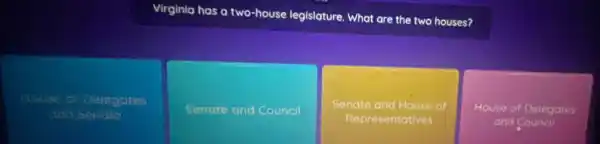 Virginia has a two-house legislature. What are the two houses?
Delegates
and hato
Senate and Council
Senate and House of
Representatives
House of Delegates
and Council