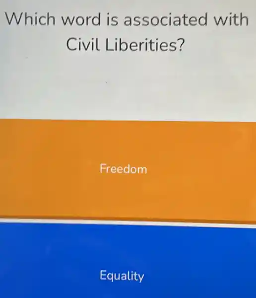 Which word is associated with
Civil Liberities?
Freedom
Equality