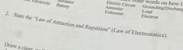 our words on here I
Electric Circuít Grounding/Discharg
Telectricity Battery	Voltmeter	Electron
usulator	Ammeter	Load
2. State the "Law of Attraction and Repulsion" (Law of Electrostatics).