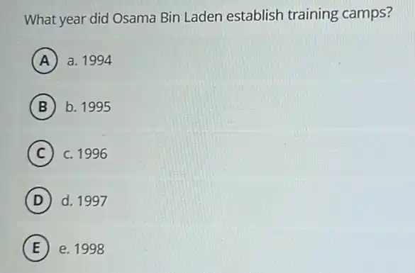 What year did Osama Bin Laden establish training camps?
A ) a. 1994
B b. 1995
C c. 1996 C
D d. 1997
E e. 1998 E